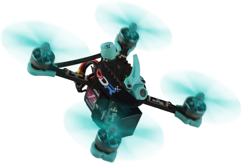 5 inch FPV race quad (Sniper X) render — cyan accents, transparent background